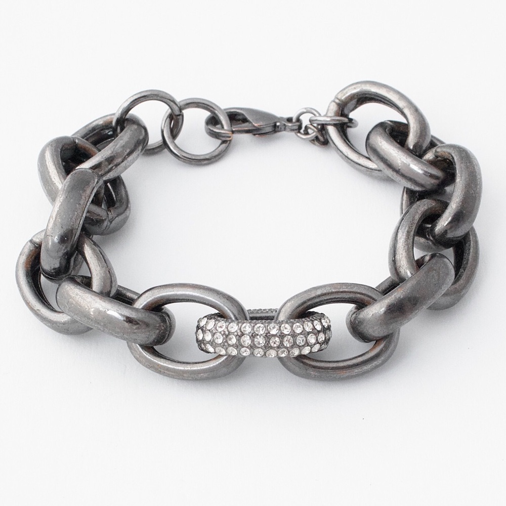 Lydell NYC Oxidized Silver Tone Link Bracelet Pavé Rhinestone Chunky Cable Chain